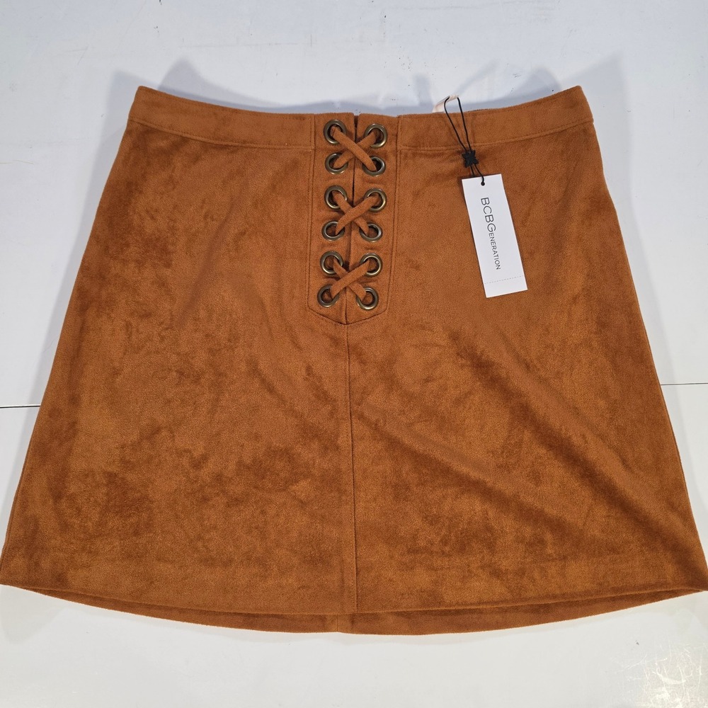 BCBGeneration Cognac Brown Faux Suede Lace Up Mini Skirt Size 8 NEW